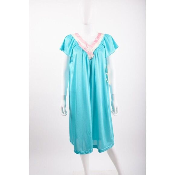 Vintage Vanity Fair Glisanda Nightgown Satin Pjs Size M Turquoise Pink NWT 80s - Picture 1 of 6